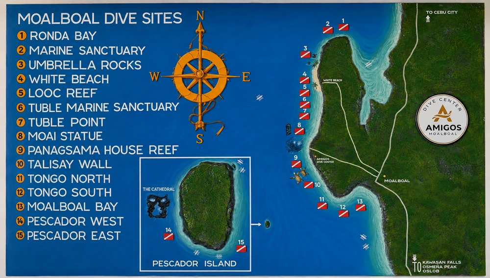 Map of the dive sites of Moalboal
